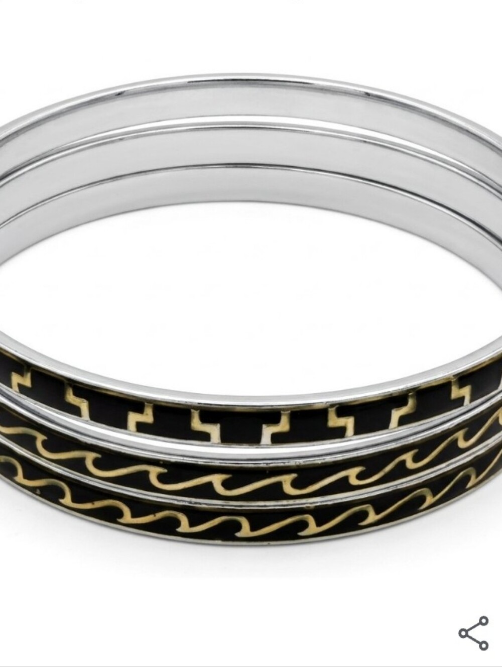 Black and Gold Wave & Greek Key Patterned Stacked Bangle Set